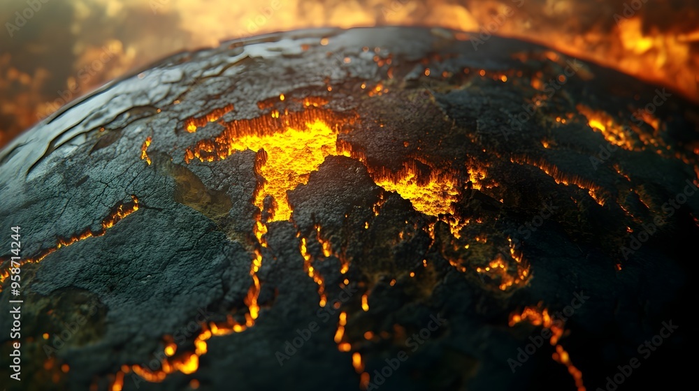 Poster digital globe simulation showcasing tectonic plate interactions and volcanic activity