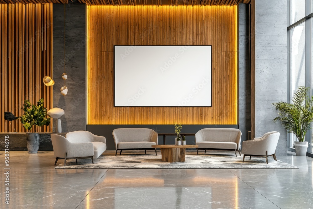 Poster modern lounge area with comfortable seating and a large screen for presentations.