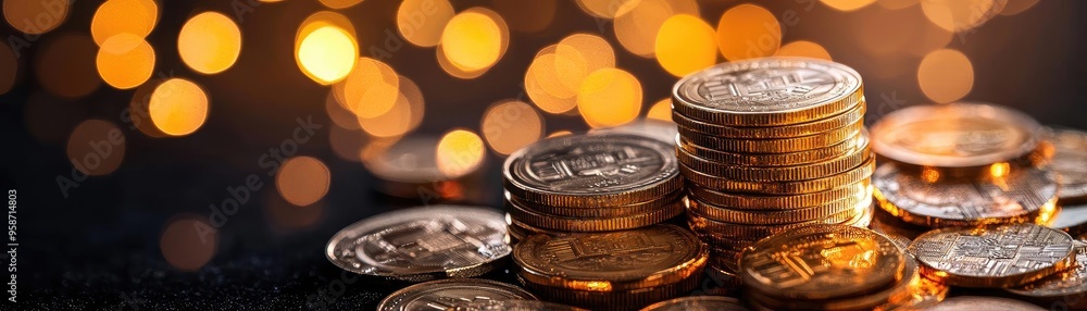 Poster a close-up of shiny coins stacked together, illuminated by soft golden bokeh lights, perfect for fin