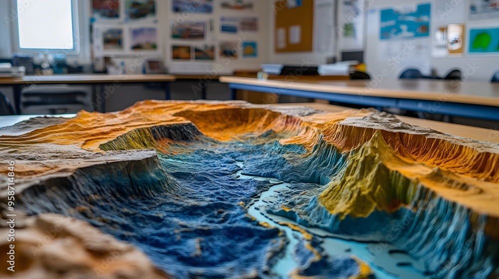 Poster dynamic tectonic plate model in classroom setting with ample copy space