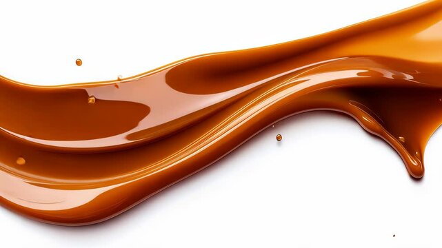 Caramel splashing in a swirling wave against a white background