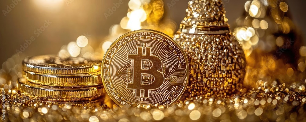 Poster glittering bitcoin coin against a backdrop of golden decorations, representing wealth and digital cu