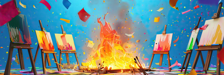 A bonfire blazing with colorful papers, surrounded by paint-splattered easels and brushes.