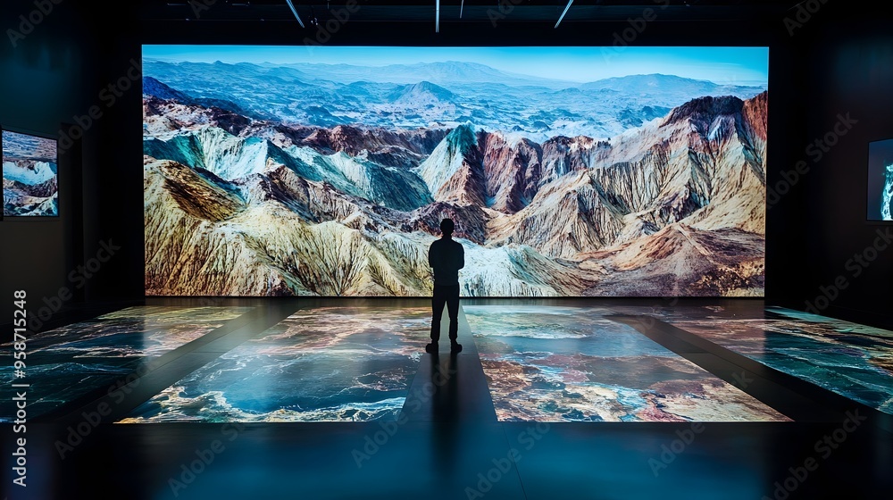 Poster simulated tectonic plate shifts showcased on interactive display with ample copy space