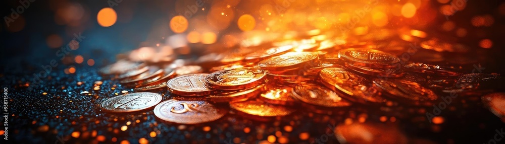 Poster a stunning close-up of shiny coins scattered with a warm, glowing background, creating an atmosphere