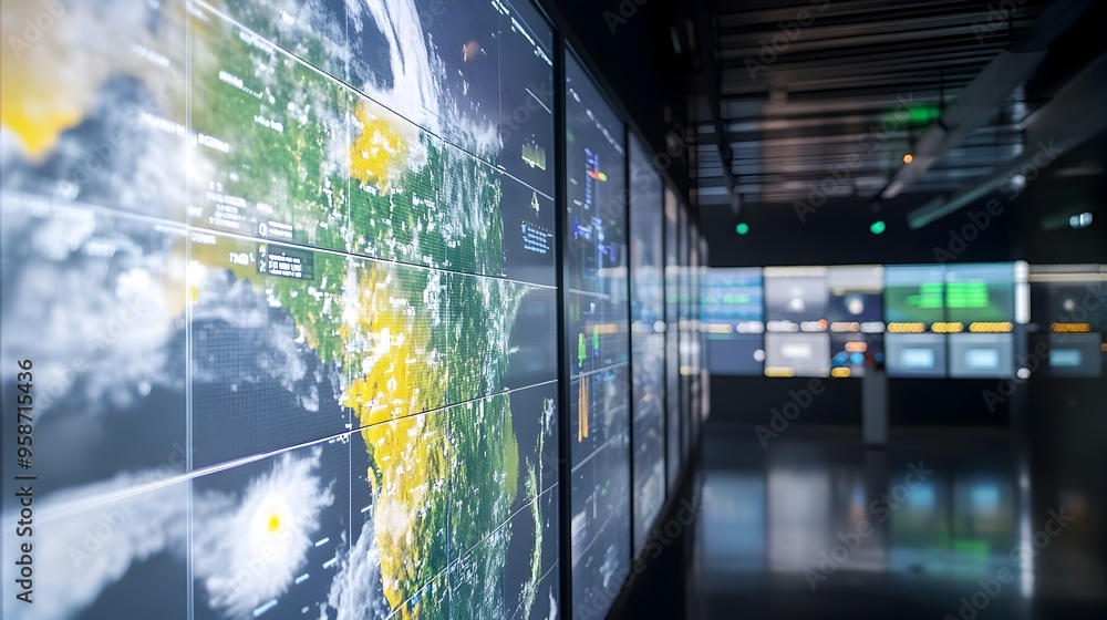 Poster weather simulation model displayed on digital screen in meteorology lab