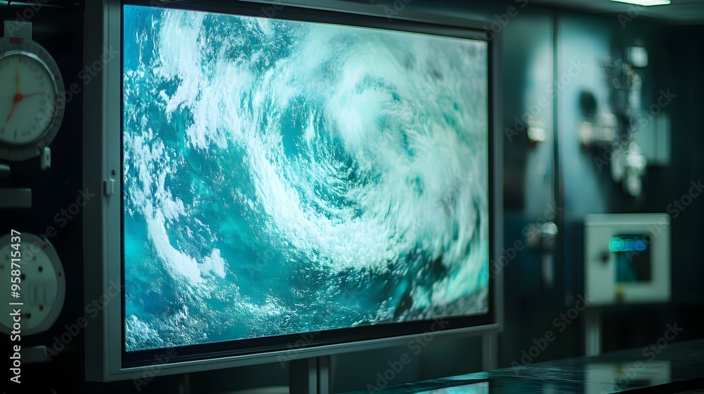 Poster weather simulation model displayed on digital screen in meteorology laboratory