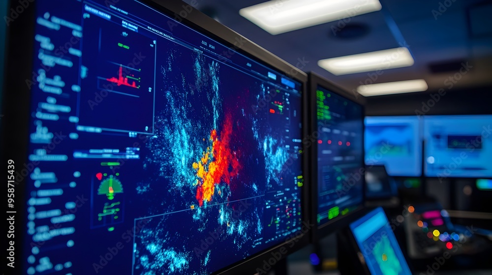 Poster digital weather simulation model displayed on meteorology lab screen