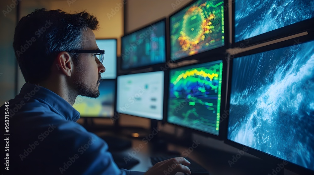 Poster meteorologist analyzing weather simulation data on multiple screens in office