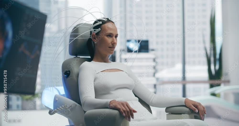 Poster Futuristic Laboratory: Female Patient Wearing Headset for an Advanced Brain Scan Using Advanced Neural Technology for Cognitive Enhancement and Neural Disease Research, Monitored by Imaging Systems.
