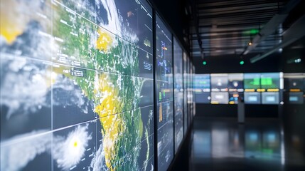 Naklejka premium Weather Simulation Model Displayed on Digital Screen in Meteorology Lab