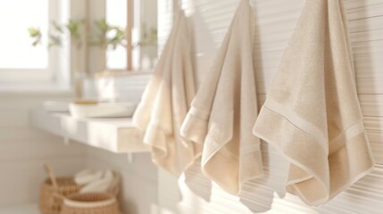 Three white towels hanging on a white wall in a bathroom.