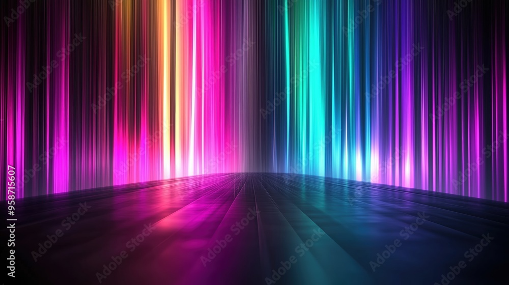 Poster Colorful spectrum background featuring vibrant vertical stripes and glowing light rays on a dark backdrop. The neon multicolored lights create a stunning gradient effect, with rainbow colors blending 