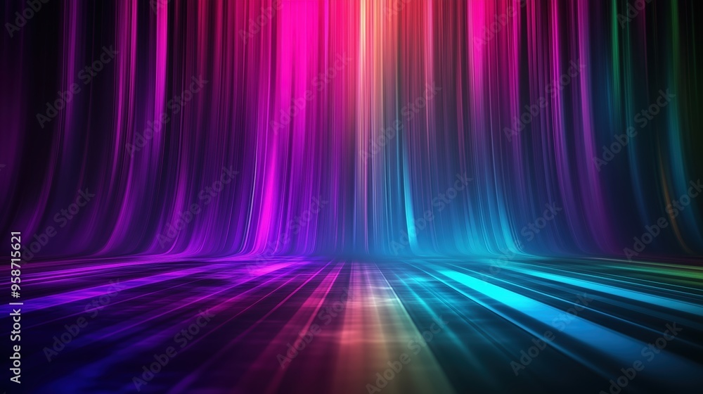 Poster Colorful spectrum background featuring vibrant vertical stripes and glowing light rays on a dark backdrop. The neon multicolored lights create a stunning gradient effect, with rainbow colors blending 