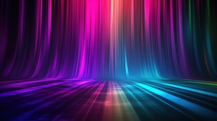 Colorful spectrum background featuring vibrant vertical stripes and glowing light rays on a dark backdrop. The neon multicolored lights create a stunning gradient effect, with rainbow colors blending 
