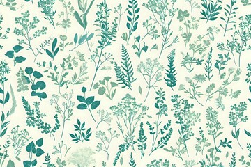Fototapeta premium seamless botanical pattern featuring hand-drawn green plant illustrations on a light background, creating a vintage and natural aesthetic. Ideal for fabric design, wallpaper, or eco-friendly product
