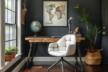  Stylish white and wood desk with metal chair and clear glass top, set against black walls. Includes globe or statue, wooden basket with plants, and modern armchair with linen cushioning.