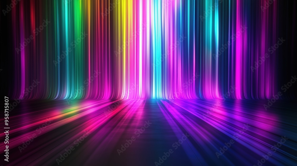 Poster colorful spectrum background featuring vibrant vertical stripes and glowing light rays on a dark bac