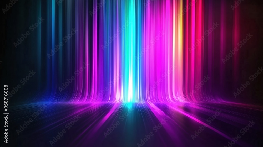 Aufkleber Colorful spectrum background featuring vibrant vertical stripes and glowing light rays on a dark backdrop. The neon multicolored lights create a stunning gradient effect, with rainbow colors blending 