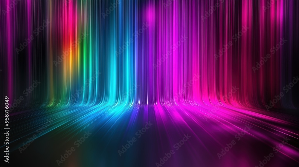 Poster colorful spectrum background featuring vibrant vertical stripes and glowing light rays on a dark bac