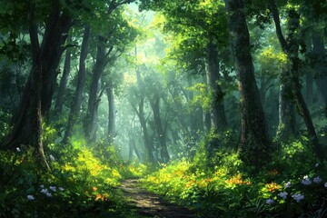 Fototapeta premium A Sunlit Path Through a Dense Green Forest