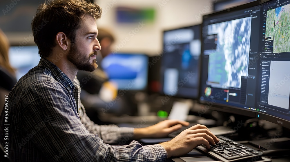 Poster Meteorologist Utilizing Advanced Weather Simulation Software for Accurate Forecasting