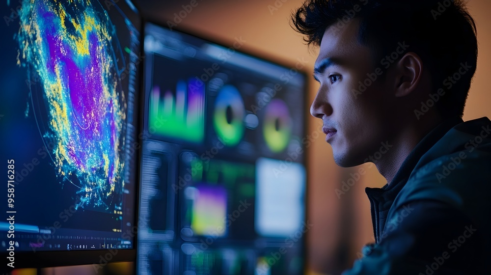 Poster meteorologist utilizing advanced weather simulation software for forecasting