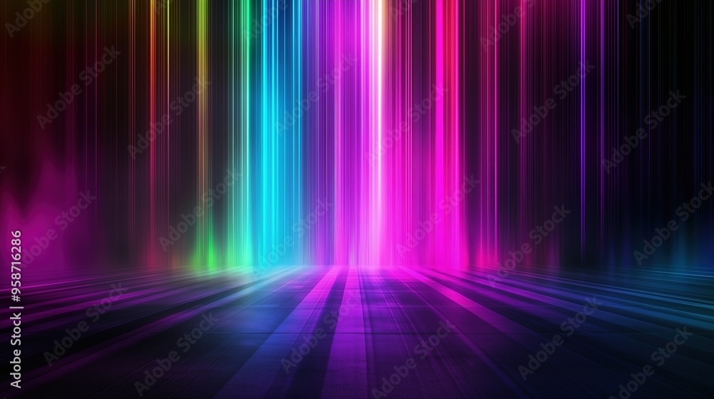 Leinwandbilder colorful spectrum background featuring vibrant vertical stripes and glowing light rays on a dark bac