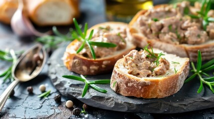 Three slices of bread topped with savory spread, garnished with rosemary sprigs, on a black slate board.