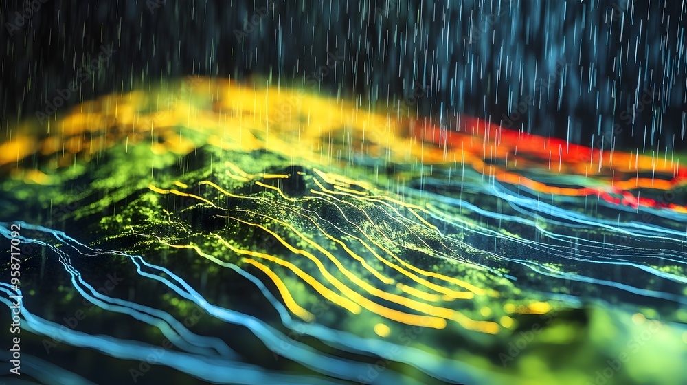 Poster weather simulation model depicting rainfall patterns across a geographic region