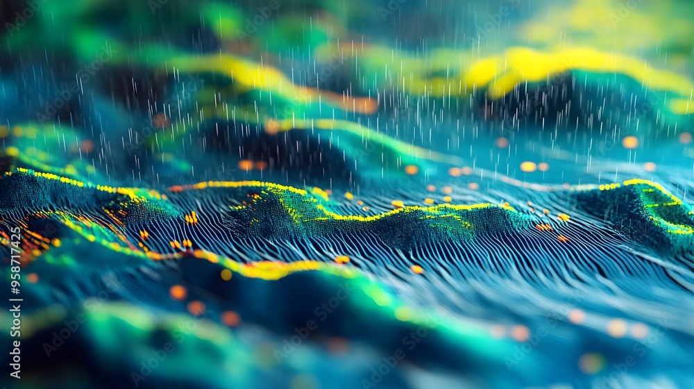 Poster weather simulation model predicting rainfall patterns over a region