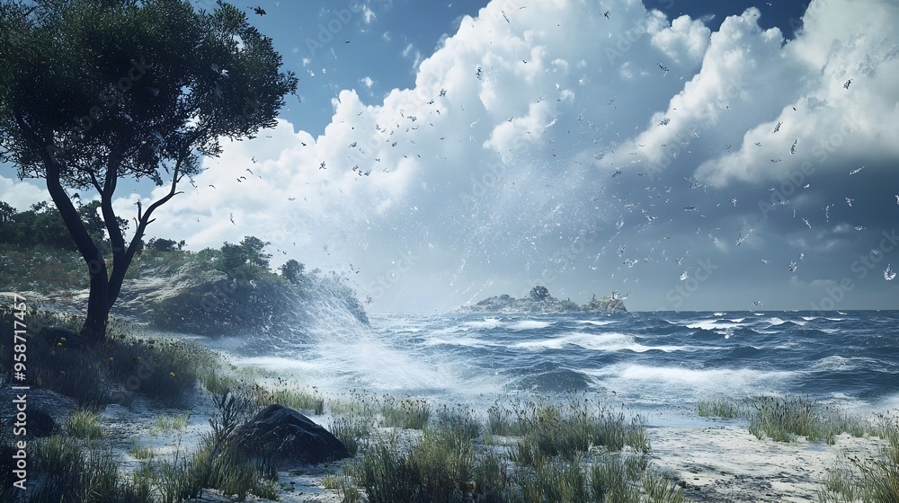 Poster detailed weather simulation visualizing wind speed and direction in coastal region