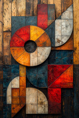 Abstract geometric wooden art installation with red, orange, and blue tones.