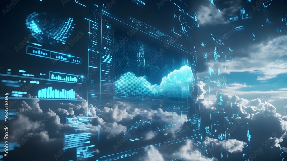 Poster digital interface showcasing advanced weather simulation with cloud formations