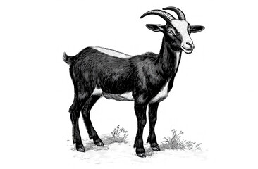 Fototapeta premium Goat. Vintage retro print, black white goat sketch ink pencil style drawing, engrave old school. Sketch artwork silhouette goat, white background. Side view profile. Illustration