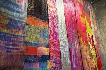 Abstract Colorful Fabric Panels Hanging on Wall