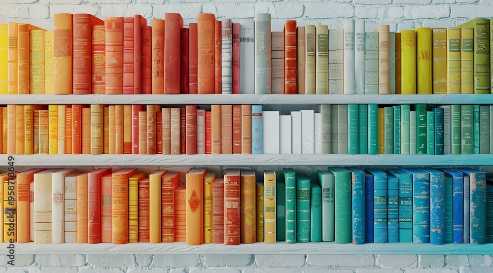 Poster a neatly arranged bookshelf with books organized by color in a rainbow spectrum against a white bric
