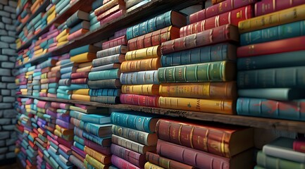 Obraz premium A cozy library scene with shelves filled with colorful, vintage books in various hues, creating a warm and inviting atmosphere. Perfect for literary, educational, or interior design projects.
