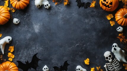 White blank vertical sheet around it halloween elements - pumpkins, bats, ghosts, skeletons. Banner with free space for text. Generative AI