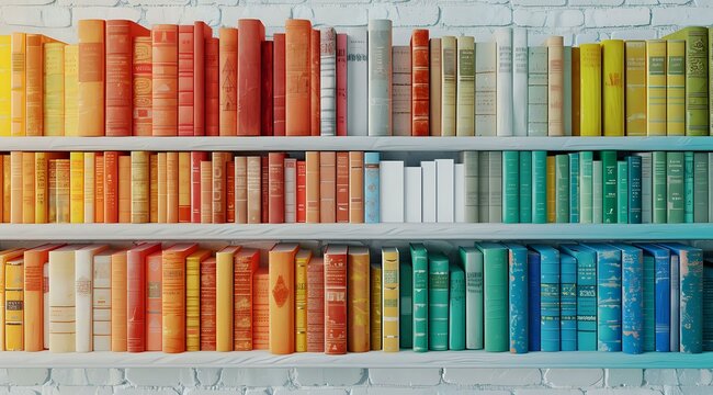 A neatly arranged bookshelf with books organized by color in a rainbow spectrum against a white brick wall. Perfect for home decor, interior design, or organization-themed projects.