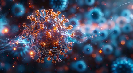 A detailed 3D illustration of a virus particle surrounded by a dynamic wave of blue strands and orange particles. Ideal for scientific, medical, or healthcare-related projects.