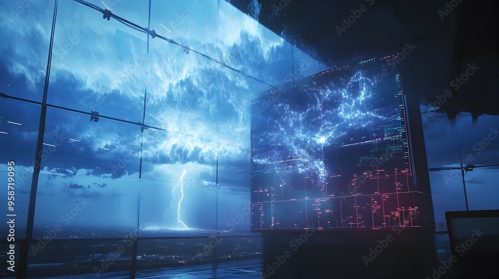 Poster simulated weather radar predicting severe thunderstorm on digital display