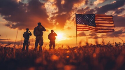 Soldiers in silhouette saluting, a large American flag waving in the background, warm sunset sky. Veterans Day