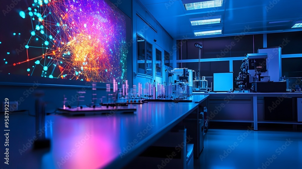 Poster physics lab with particle motion simulation displayed on screen