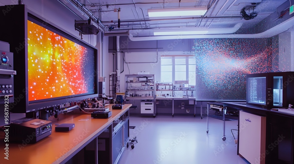 Poster physics laboratory with particle motion simulation on digital display