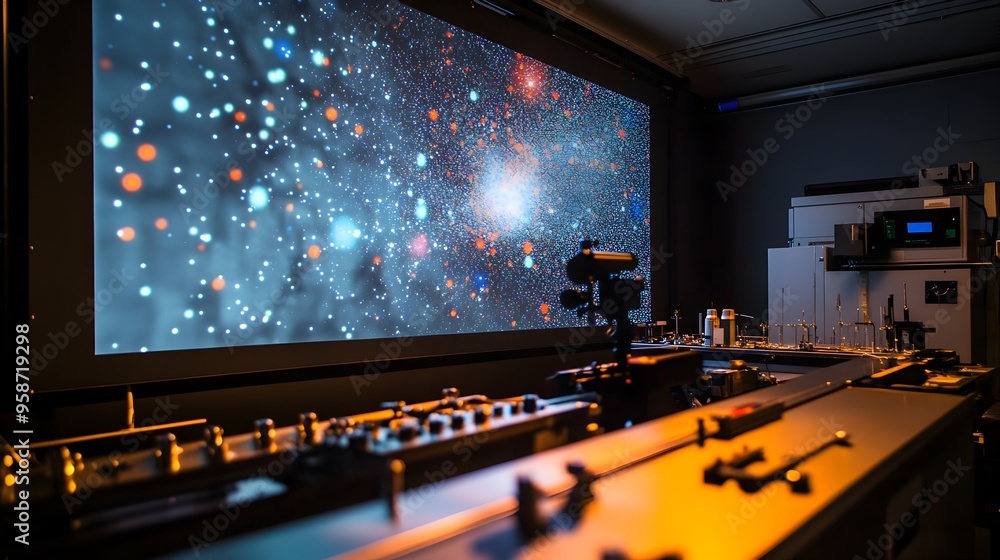 Poster physics lab with particle motion simulation displayed on screen