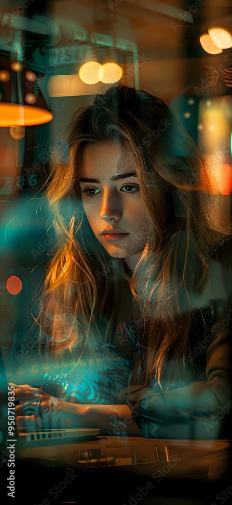 Poster focused young woman working on a computer, illuminated by soft ambient lighting, creating a contempl