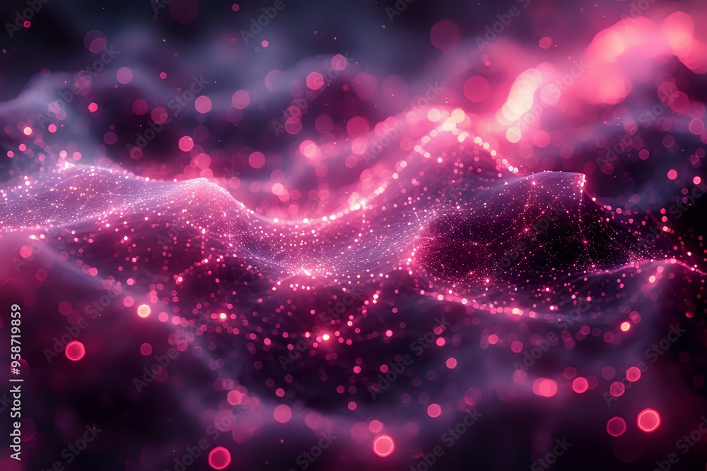 Poster a dynamic digital wave composed of interconnected glowing particles and lines, representing the flow