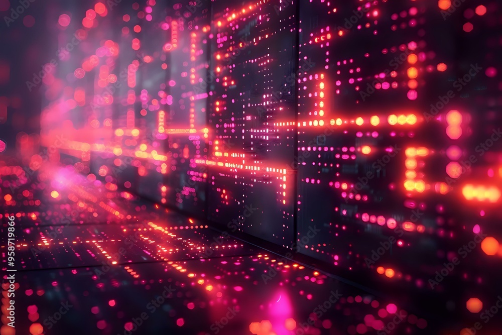 Poster a digital grid with bright pink and orange glowing particles, representing a futuristic interface or