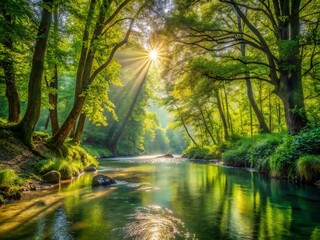 Serene summer morning scene of tranquil Terme River flowing gently through lush green forest, surrounded by lush